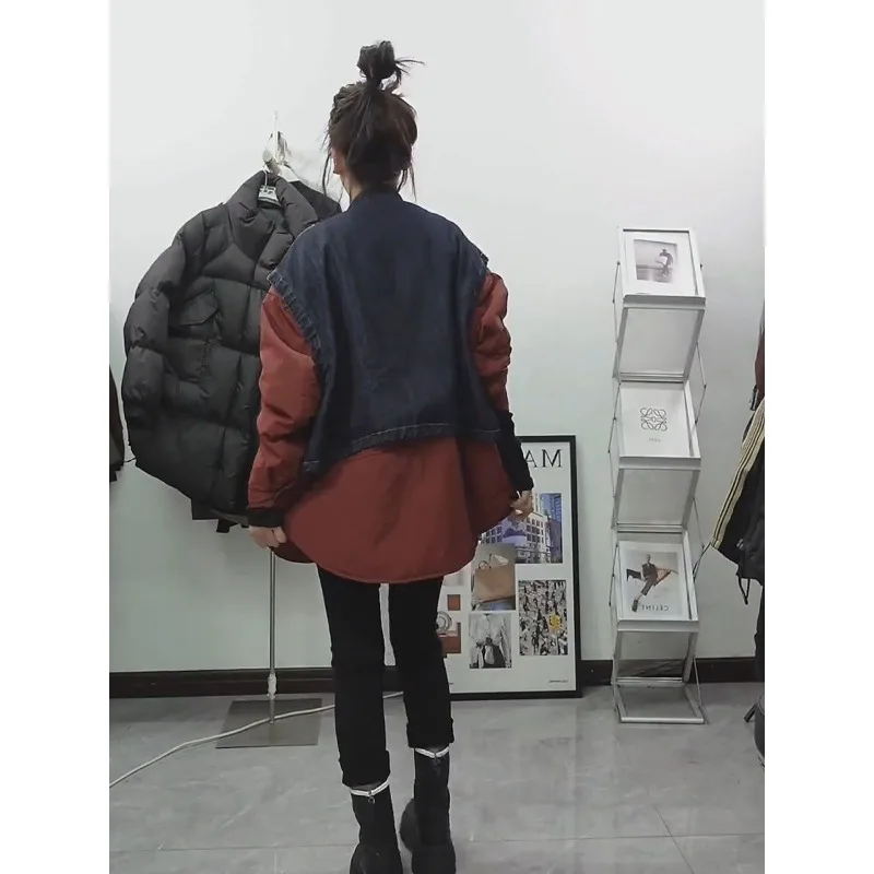 

Denim Splicing Fake Two-piece Cotton-padded Coat for Women's New Loose Large Version Thin Medium and Long Cotton Clothes Casual