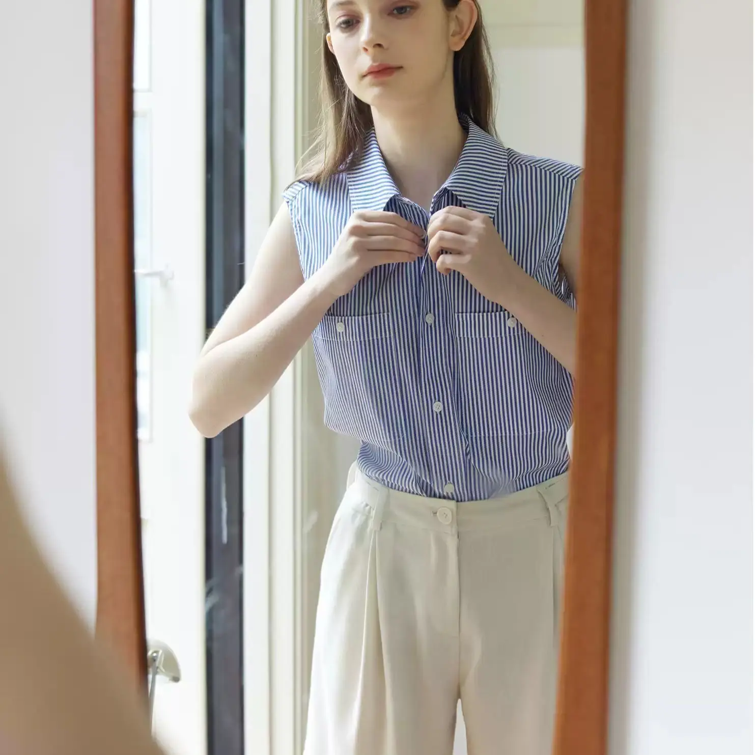 Retro Koszulka w Paski Luźna Casualowa Damska Letnia Lekka Łatwa w Pielęgnacji Oddychająca Poliestrowa Bluzka