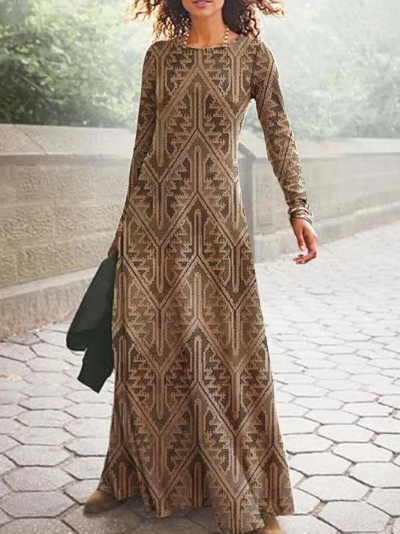 Dames Vintage Boho 3d Geometrische Print Jurk 2023 Herfst Winter Nieuwe Ronde Lange Mouw Losse Taille Jurken Dames Robe Lange Rok