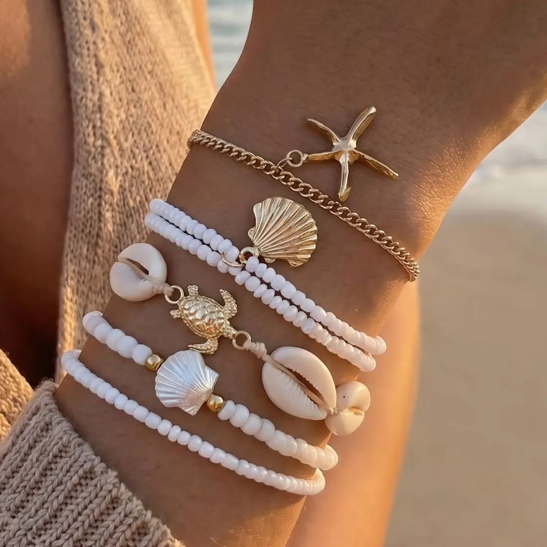 Fashion Starfish Shell Beaded Bracelet Set for Women Boho Imitation Pearl Sea Turtle Charm Elastic Bracelet Summer Jewelry Gift