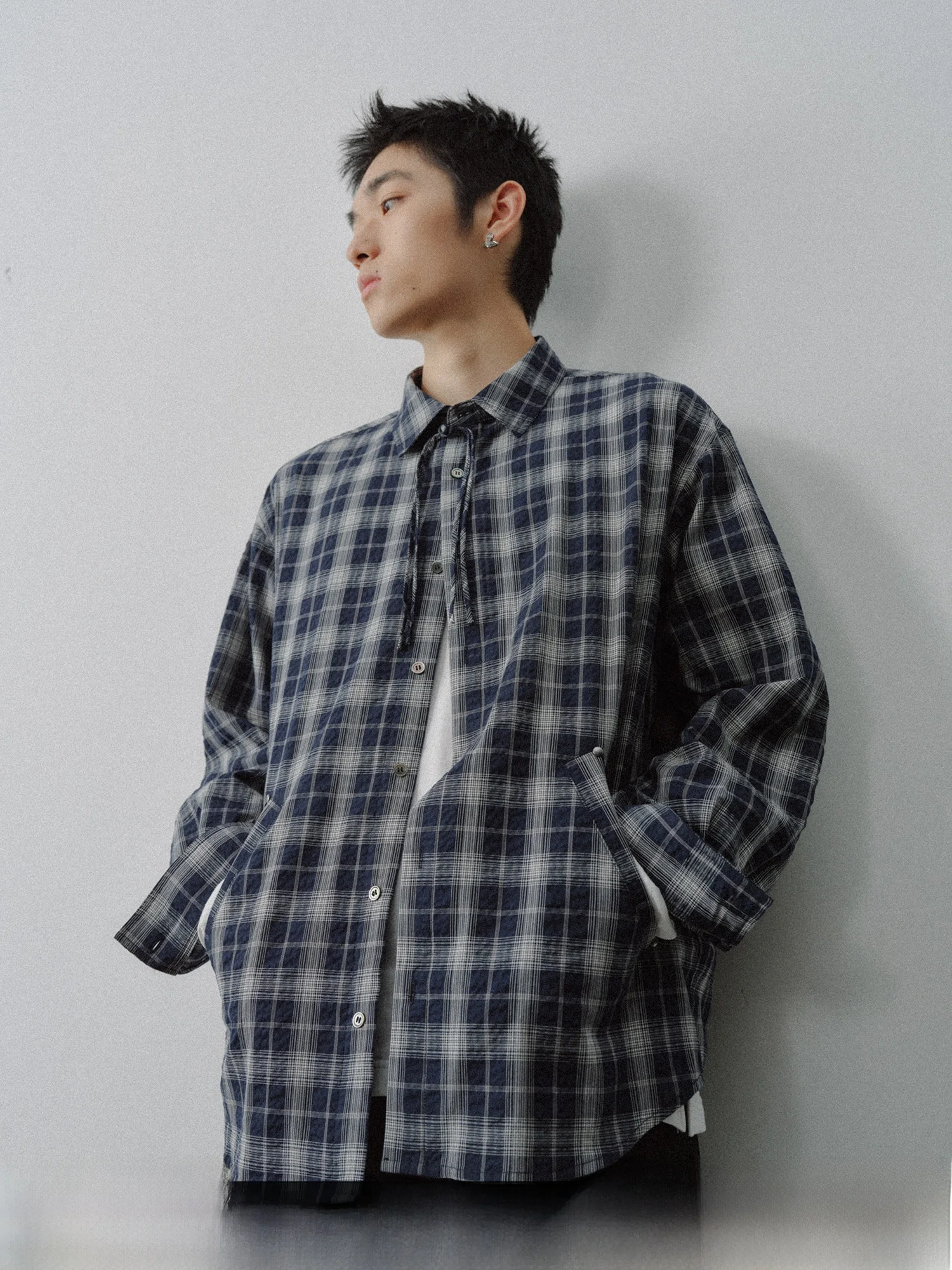 

Loose Fit Plaid Long Sleeve Shirt Men's Spring Autumn Outerwear Retro Pocket Design Fashionable City Casual Cotton Shirt