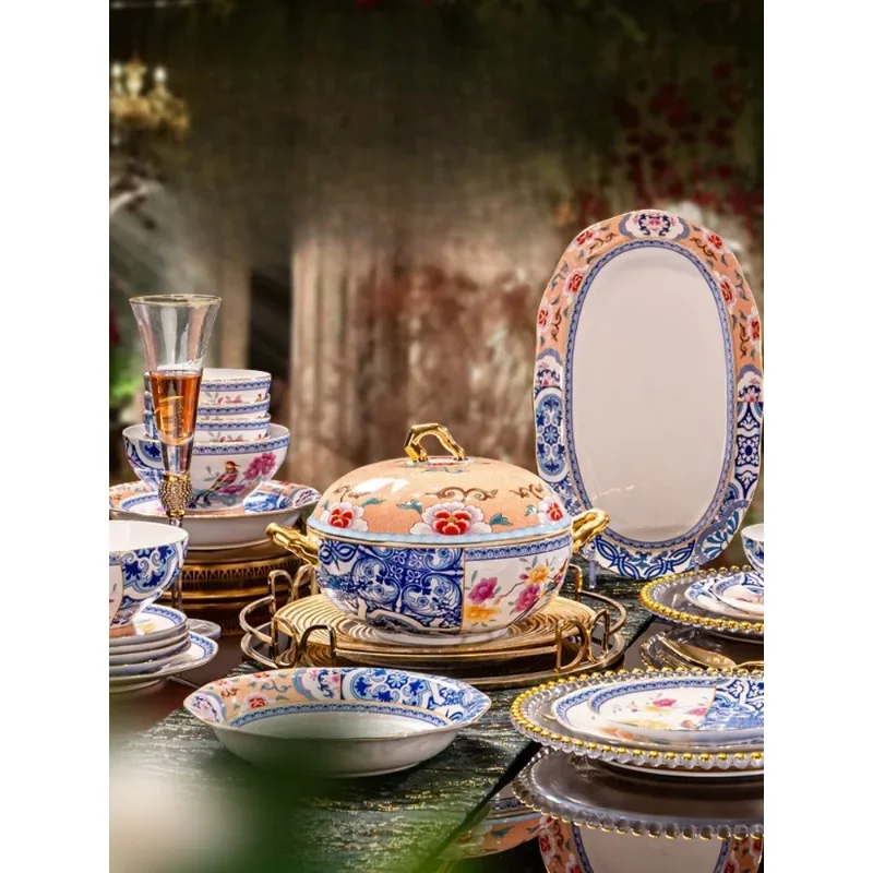 Ceramic dishes set, household light luxury high-end medieval bone china tableware