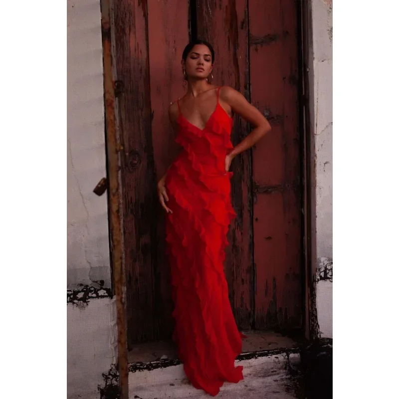 Sexy 2025 moda cinta com decote em v sem costas espartilho fino ajuste fenda chiffon longo maxi vestido elegante feminino em camadas plissado vestido de festa