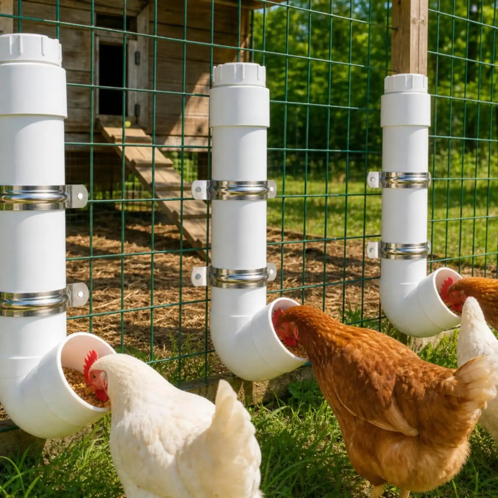 Chicken Feeder with Mounting Brackets Wall-Mounted Automatic Chicken Feeder Low-Mess for Fowl Farmers, Fenced Run