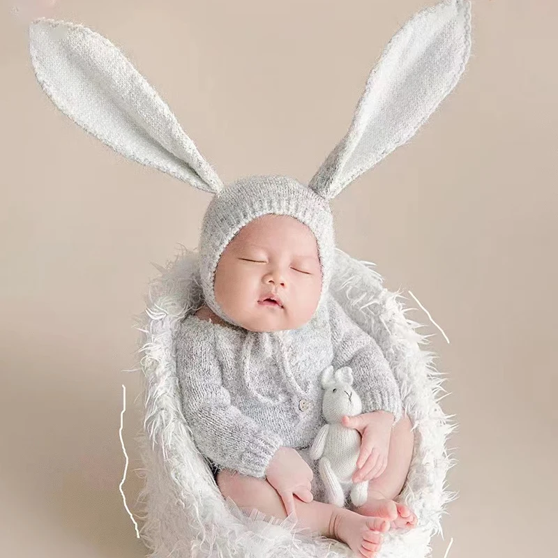 Fotografia neonato abbigliamento lavorato a maglia cappello orecchio di coniglio + Set tuta bambola vestito animale carino per servizio fotografico per bambini puntelli fotografici per neonati