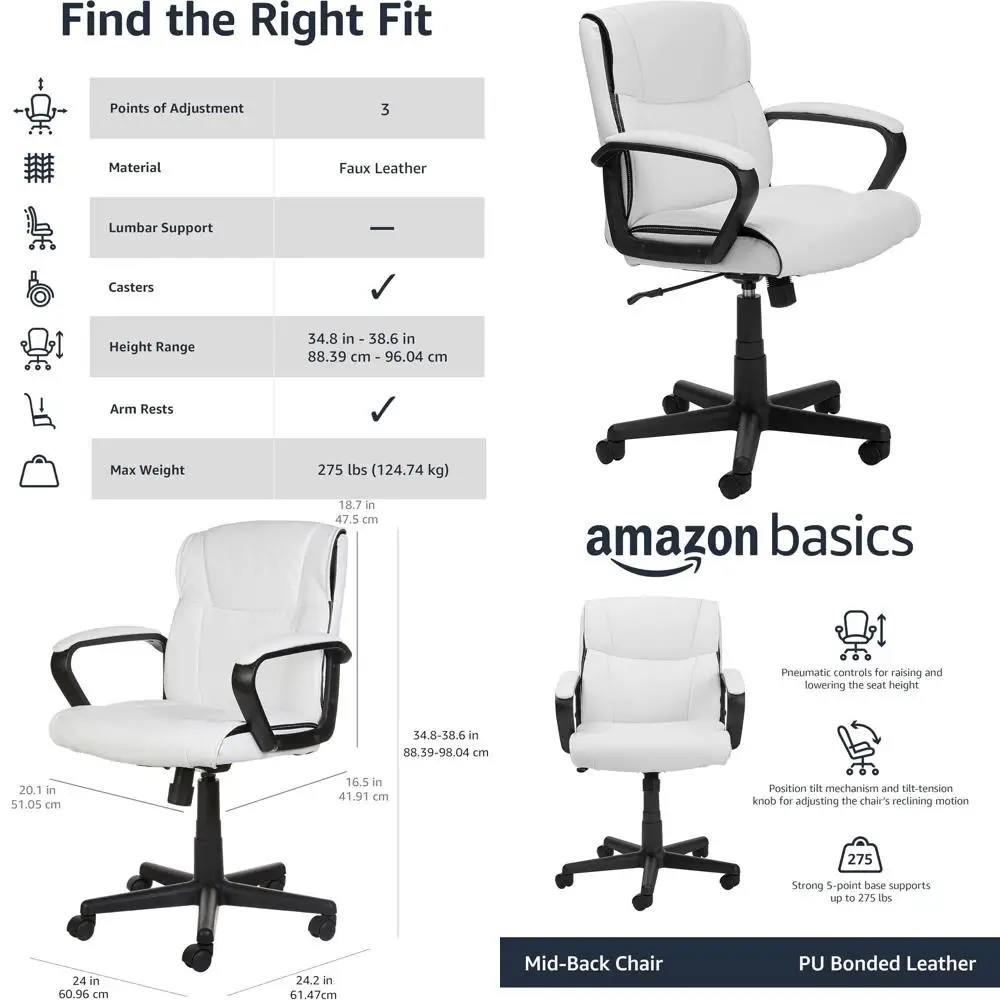 

Mid-Back Swivel Office Chair with Padded Arms, Adjustable, 275 lbs, White Faux Leather, 24.2D x 24W x 38.6H