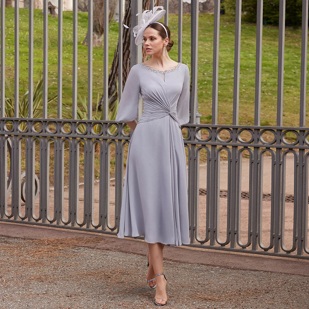 

Mother of the Bride Dress for Wedding Gray Chiffon Midi Wedding Guest Gown for Women Beads Scoop Half Sleeves Midi Party Dresses