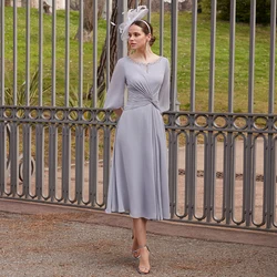 Mother of the Bride Dress for Wedding Gray Chiffon Midi Wedding Guest Gown for Women Beads Scoop Half Sleeves Midi Party Dresses