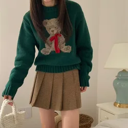 FIGOHR Korean Style Green Knit Sweater Women Cute Bear Bow Round Neck Sweater Pullover Autumn Winter