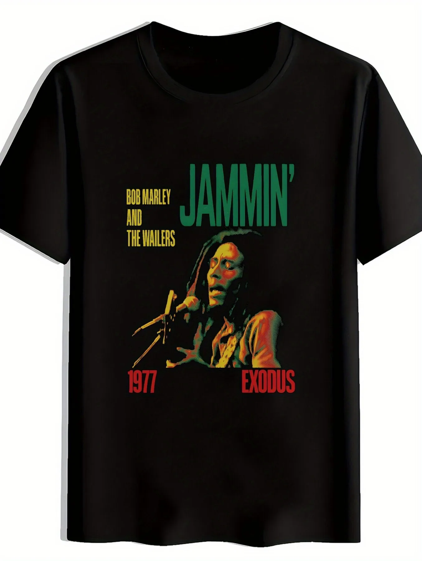 JAMMINBOBMARLEYANDTHEWAILERS Printed men's casual round neck T-shirt black printed pattern men's top men's gift local community store in stock quick hair soft cotton comfort enjoy discount suitable for Easter, Halloween, Thanksgiving, etc.