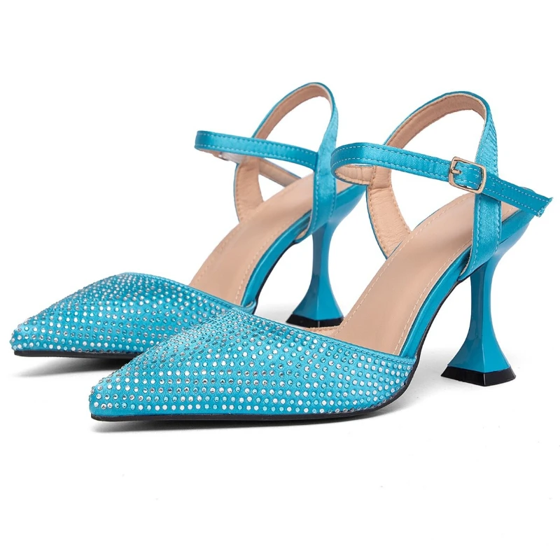 Luxo strass designer sandálias de salto alto feminino sexy bombas pontiagudas feminino tornozelo cinta salto estranho vestido de casamento sapatos de festa