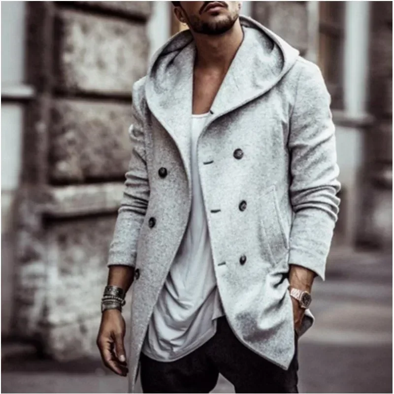 New Men's Coat 2023 Spring Autumn British Men Hooded Silk Floss Woolen Coat Fashion Casual Woolen Coat