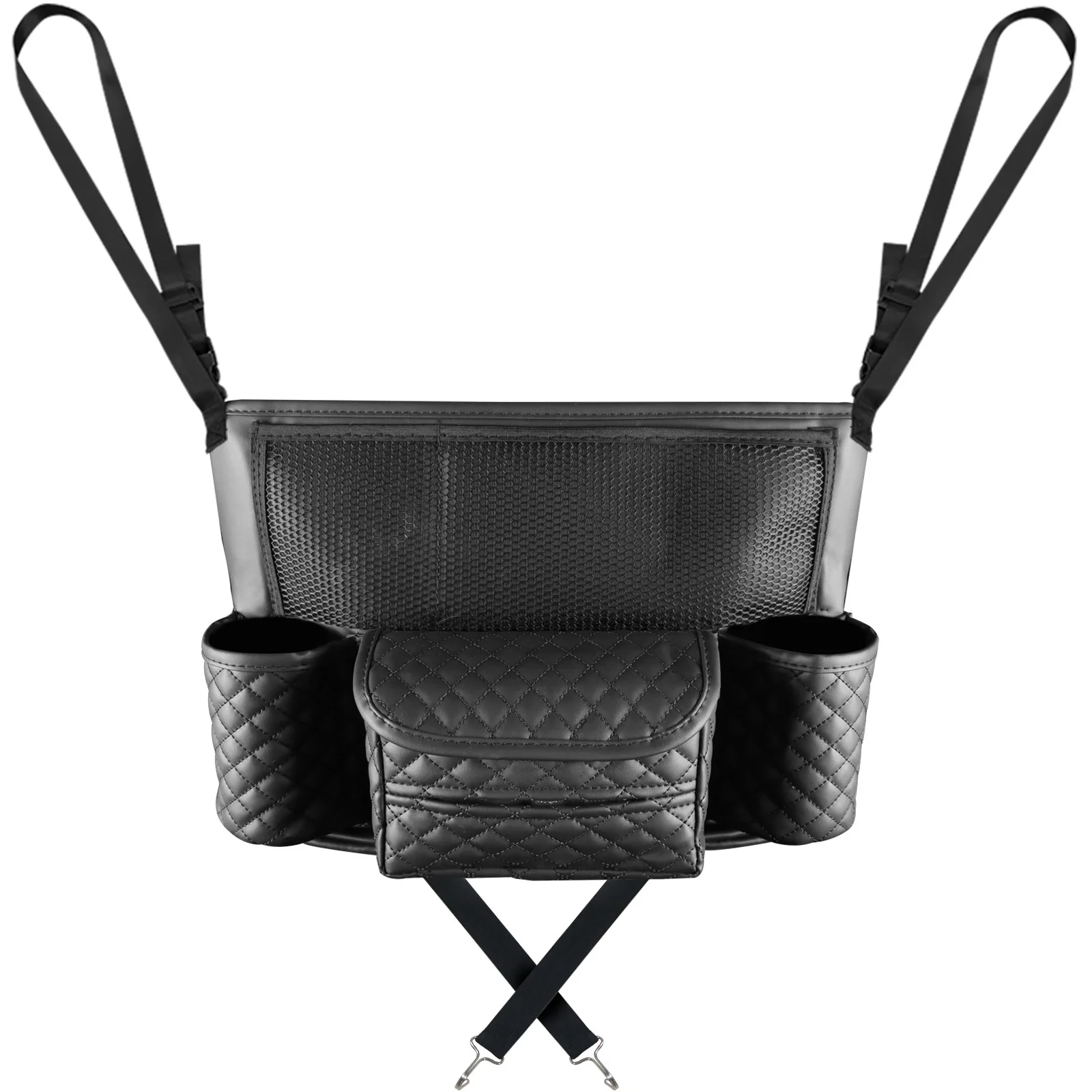 PU Leather Seat Back Organizer with Binding Strap Mount Dual Cup Holders Mesh Pockets and Integrated Storage Box