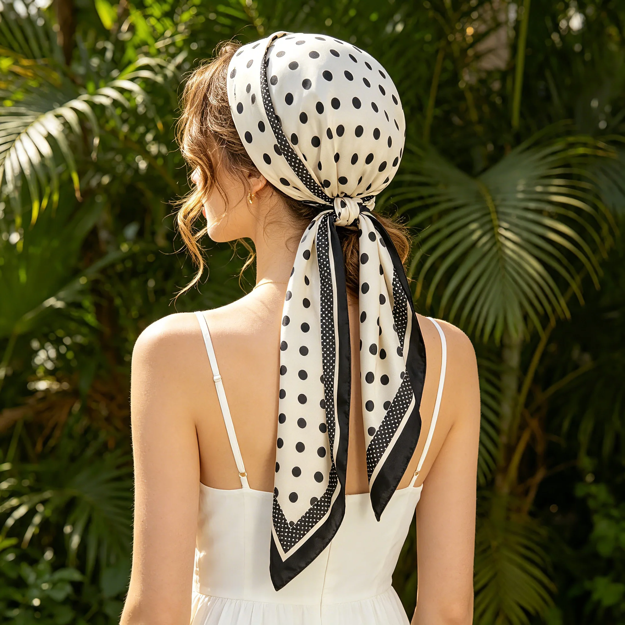 Luxury Polka Dot Printed Lightweight Scarf Satin Square Scarf Sunshade Shawl Headscarf Waistband Imitated Silk Scarf 90X90CM