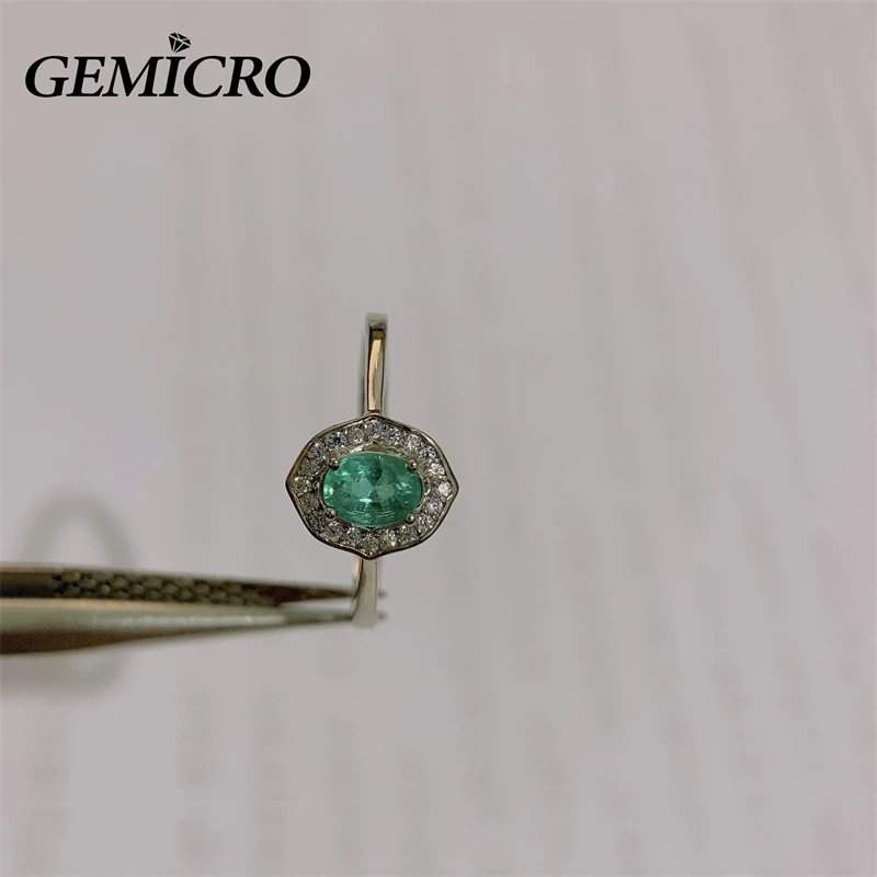 Gemicro 925 Sterling Silver Jewelry with 4*5mm Natural Emerald Stone for Women Ring as Party Wear Gifts Engagement Birthstone