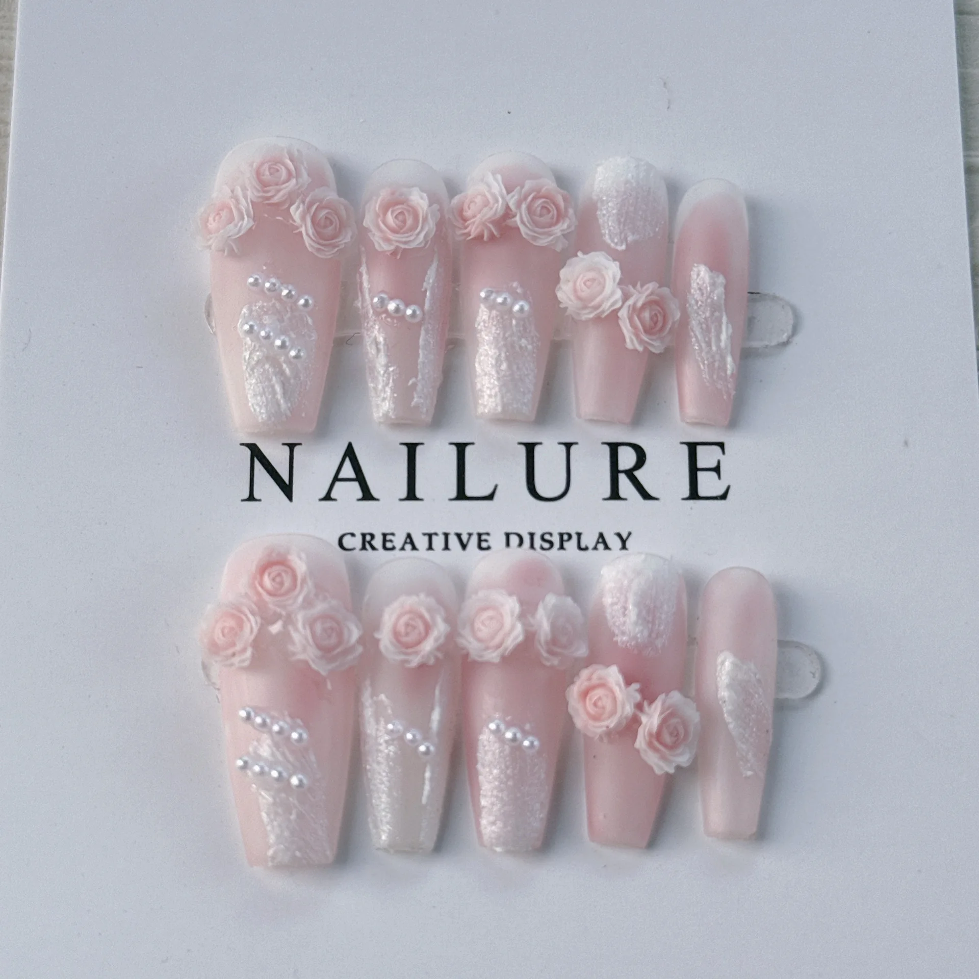 Pink Rose Flower Handmade Fake Nails Long Ballerina Blush Pink Press on Nails Pearls Designed Glossy False Nails for Women