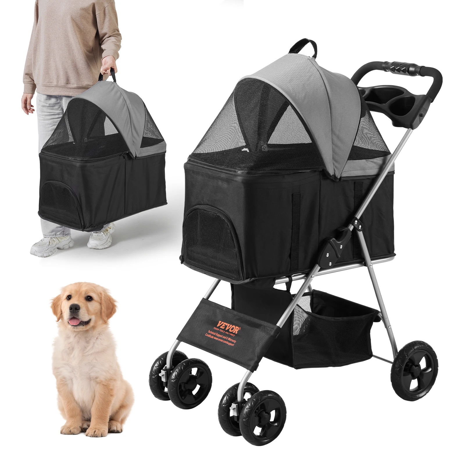 VEVOR 35lbs 4 Wheels Pet Dog Stroller with Brakes Storage Basket Cup Holder Puppy Stroller for Cats Travel Dogs Accessories