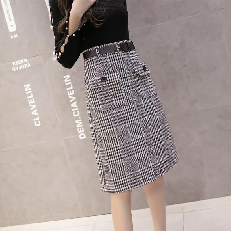 Winter Skirts for Women Knee Length Luxury False Pockets Office Lady Casual A-Line High Waist Plaid Skirt Korean Style with Belt