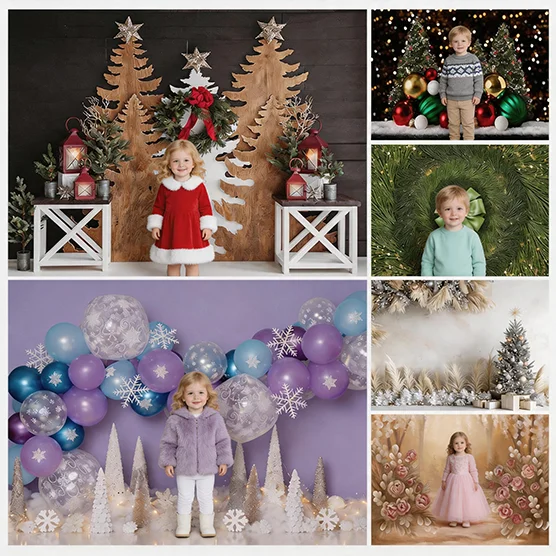 Midnight Christmas Trees Backdrop Frozen Lake Hand-drawn Banner Baby Shower Kids Photography Xmas Tree Background Props