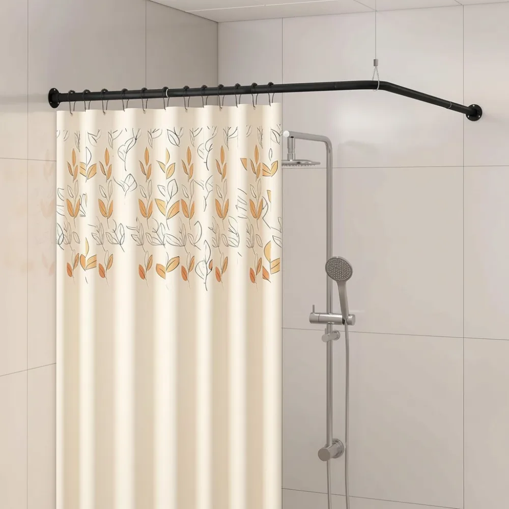

L-Shaped Corner Shower Curtain Rod Adjustable 90° Square Rail No Sag with Hooks & Ceiling Support - Black