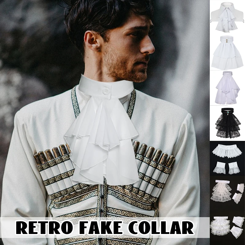 Women Men Detachable Ruffled Lace Collar Jabot Steampunk Retro Victorian Fake Collar Medieval Cosplay False Neck Choker Clubwear