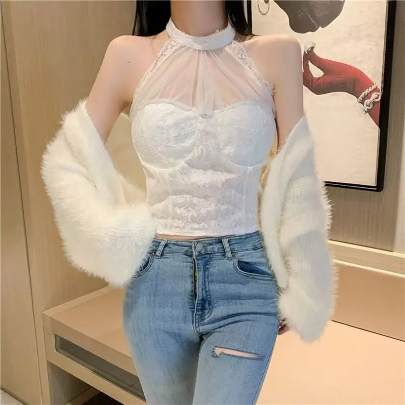 French-Style Pure Sweet Lace-Trimmed Backless Halter Camisole with Bust Pads Women's Sexy Summer Top