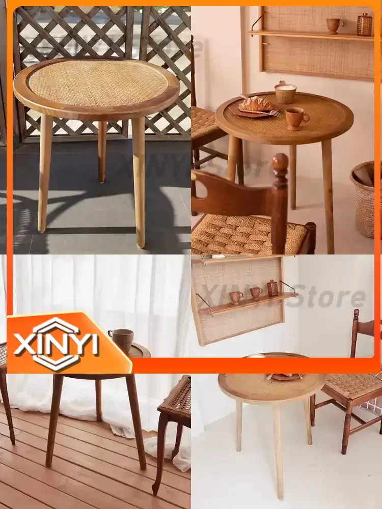 Bohemian American Retro Solid Wood Tea Table Rattan Sofa Side Balcony Corner Round Table Hostel Leisure Table for Home Office