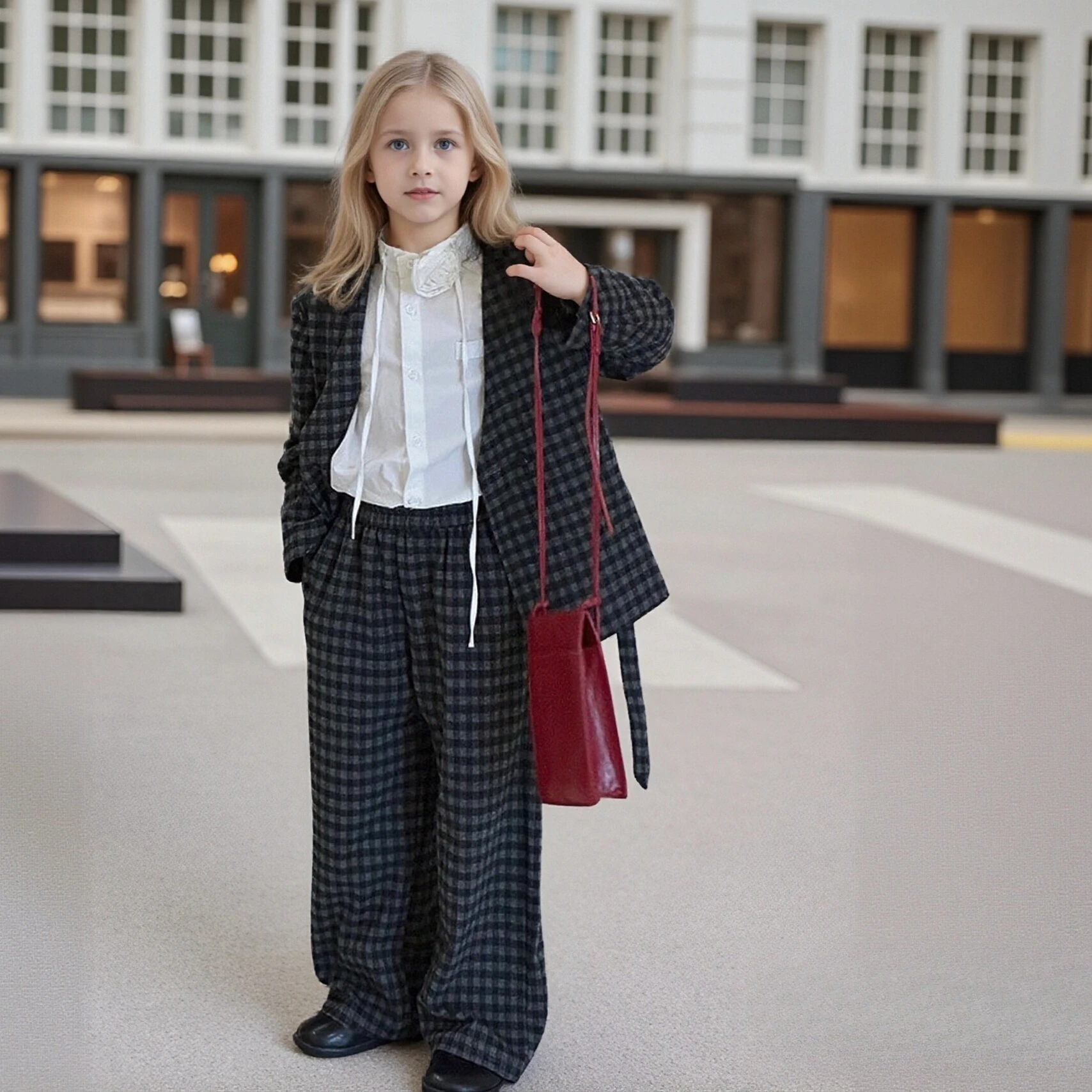 Grey Set Polka Dot Girls Suit 2026 Spring Vintage-inspired Plaid Blazer Pants Fashion Two-Piece School Teen Children Costumes
