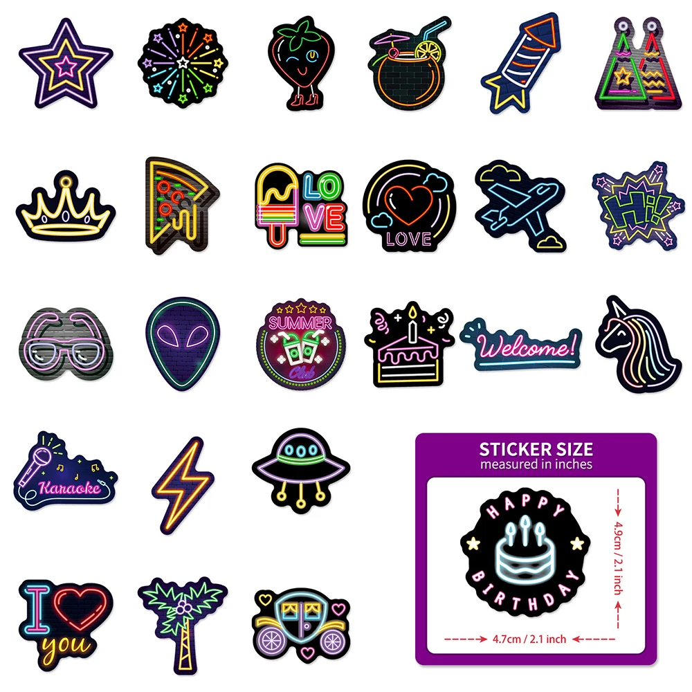 10/30/50PCS Cute Neon Light Cartoon Stickers Aesthetic Skateboard Fridge Phone Guitar Motorcycle Luggage Kid Toy Sticker Gift