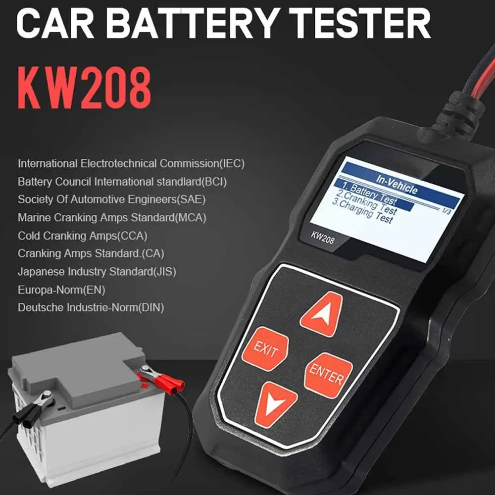 Car Battery Tester 100 to 2000CCA Cranking Charging Circut Tester KW208 Automotive Battery Analyzer 12 Volts Battery Tool