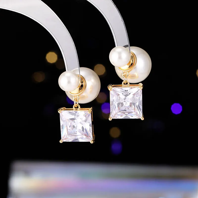 European and American Style Elegant Socialite Palace Retro High-end Square Zircon Pearl Earrings Fashion Light Luxury Vintage St