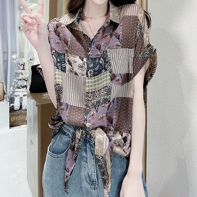 Elegant Vintage Tie Dye Polo-Neck Printed Blouse Summer Women\'s Clothing Korean Casual Short Sleeve Single-breasted Shirt Female