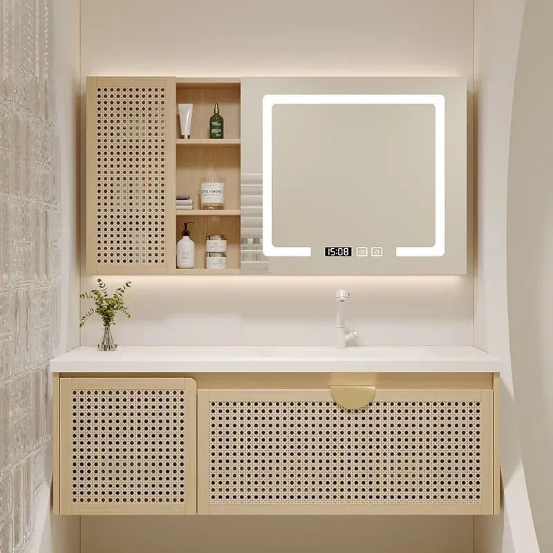 Log Style Woven Rattan Bathroom Cabinet with Oak Frame and Corian Integrated Basin Modern Vanity Unit for Toilet Sink