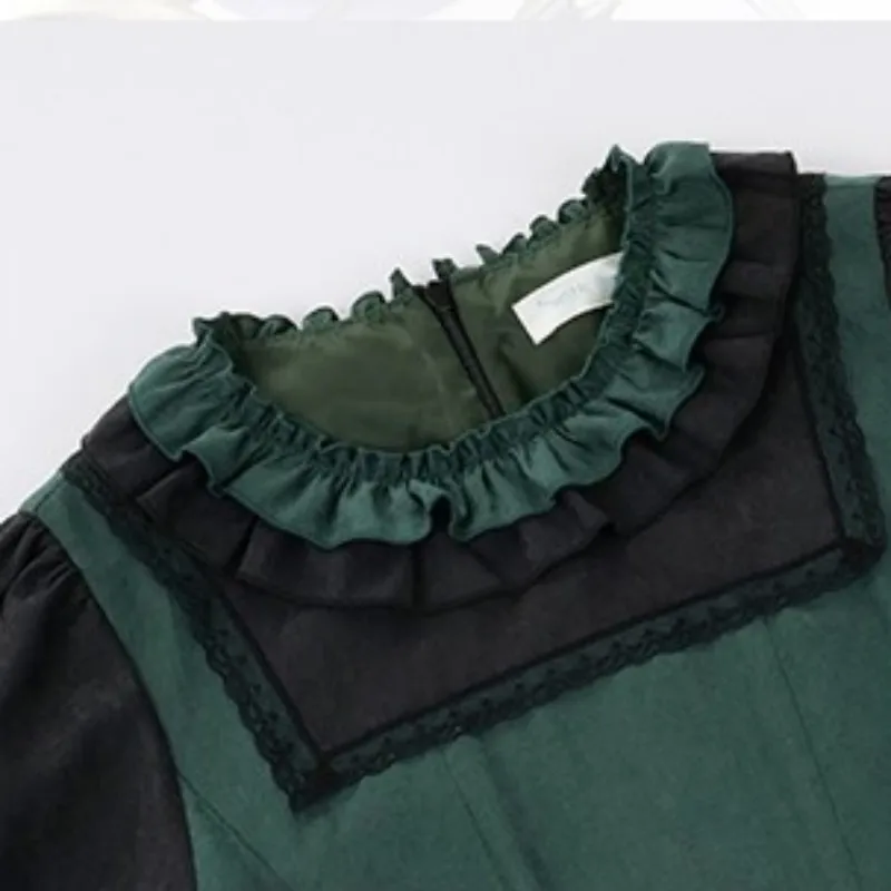 Black Green Contrasting OP Dress Cape 2-piece College Autumn Lolita Dress With Bow Tie