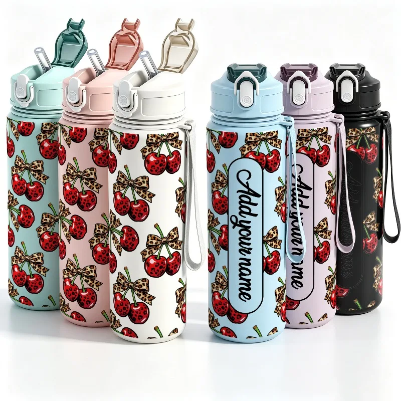 Personalized 25oz Large Cherry Leakproof Plastic Water Bottle for Outdoor Gym Hiking School Birthday Party Gift