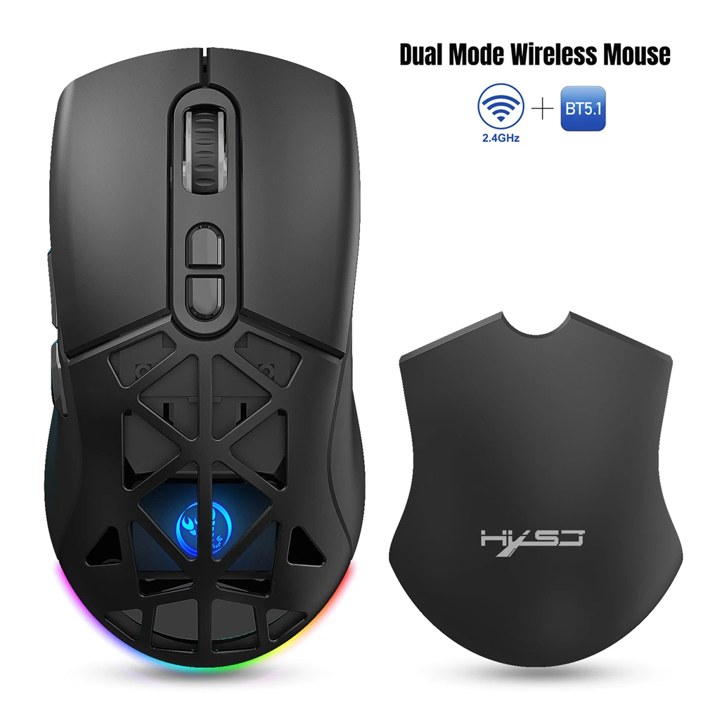 T26 Dual-Mode Wireless Mouse 2.4G BT5.1 RGB Backlight 4800DPI 650MAH Rechargeable Battery Hollow Out Design Office Game Mice