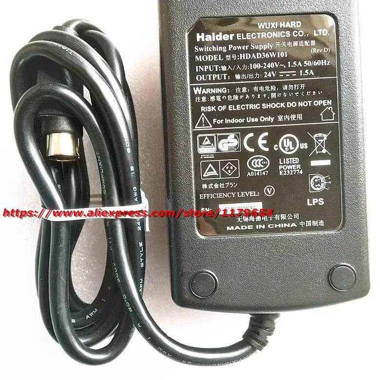 Genuine WUXI HARD Haider Electronics CO.LTD Model HDAD36W101 Swithing Power Supply 24V 1.5A 36W Printer AC Adapter Charger