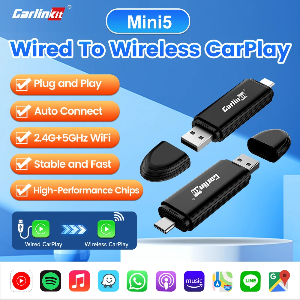 CarlinKit MINI5 Wireless CarPlay Adapter for iPhone Convert Wired to Wireless CarPlay Plug&Play Easy Setup Stable Fast Connect