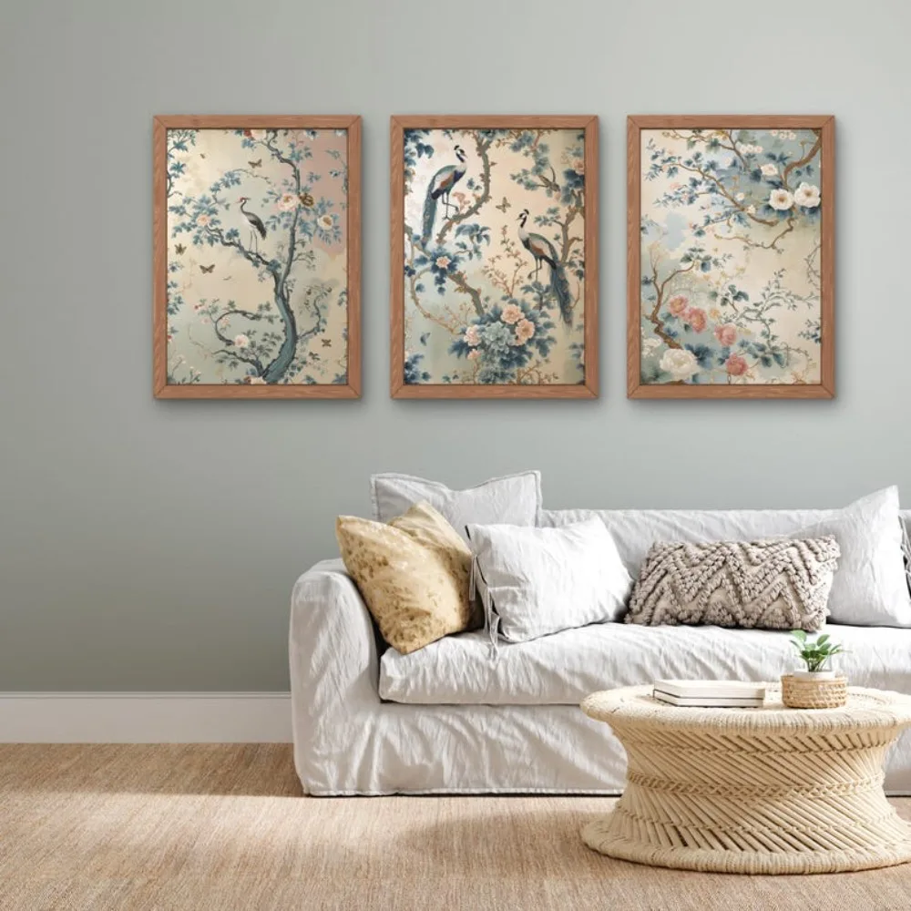 3pcs Frameless Canvas Wall Art Crane and Bird Prints,Oriental Plants Digital Download,Blue and White Decor,Living Room Decor