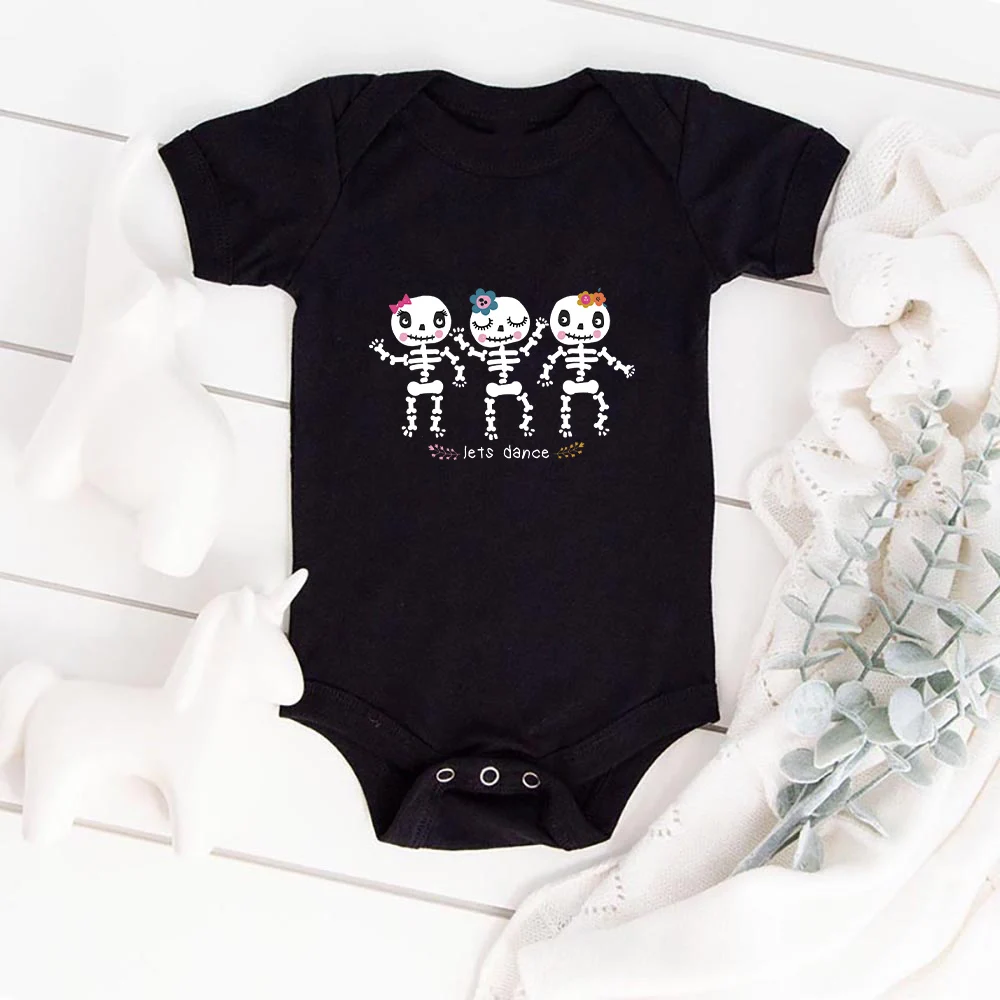 

Cartoon Cute Skeleton Let's Dance Toddler Rompers Black Summer Newborn Clothes Comfy Breathable Kawaii Baby Girl Boy Bodysuits