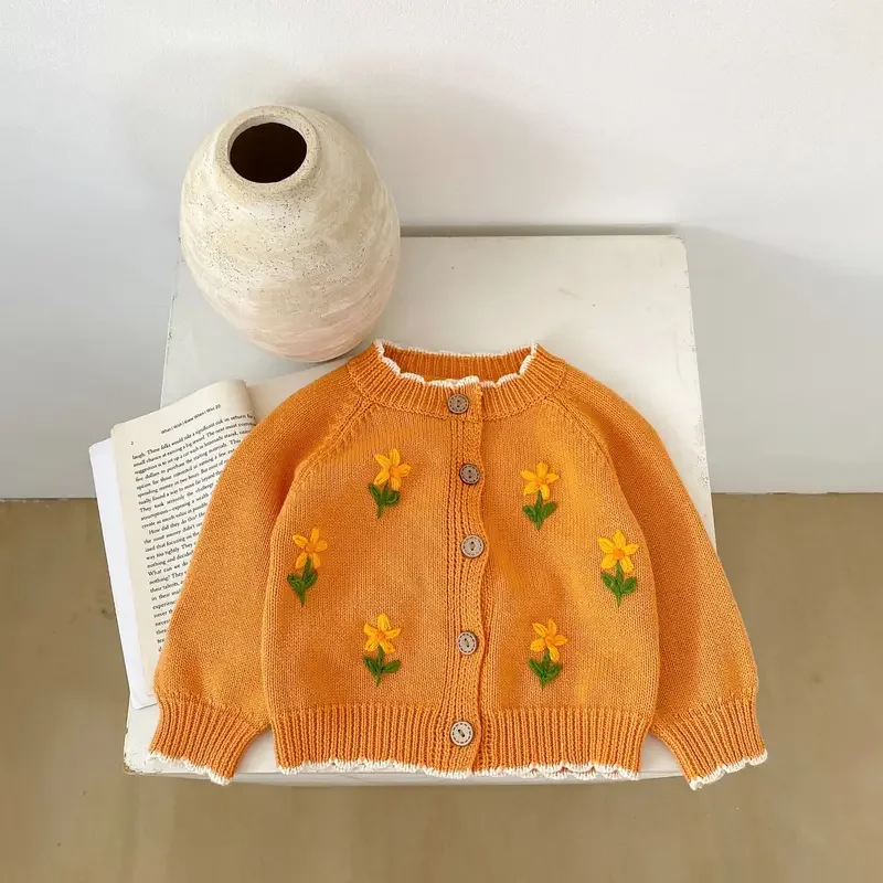 2024 new baby girl long sleeve knit cardigan infant autumn Princess flower embroidery sweater girls knitted jacket baby clothes