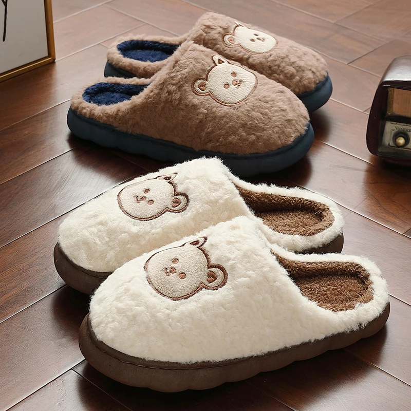 Fashion Women's Slippers Winter Warm Cartoon Bear Lovely Indoor Soft Sole Non-slip Dormitory Causal Home Plush Shoes Couple