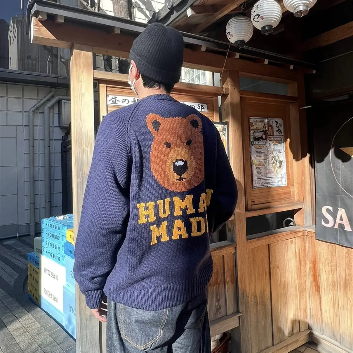 HumanMade Alphabet Bear Sweater, Vintage Japanese Style, Lazy Style, Casual, Unisex, Fashion Knitted Shirt, Warm Top