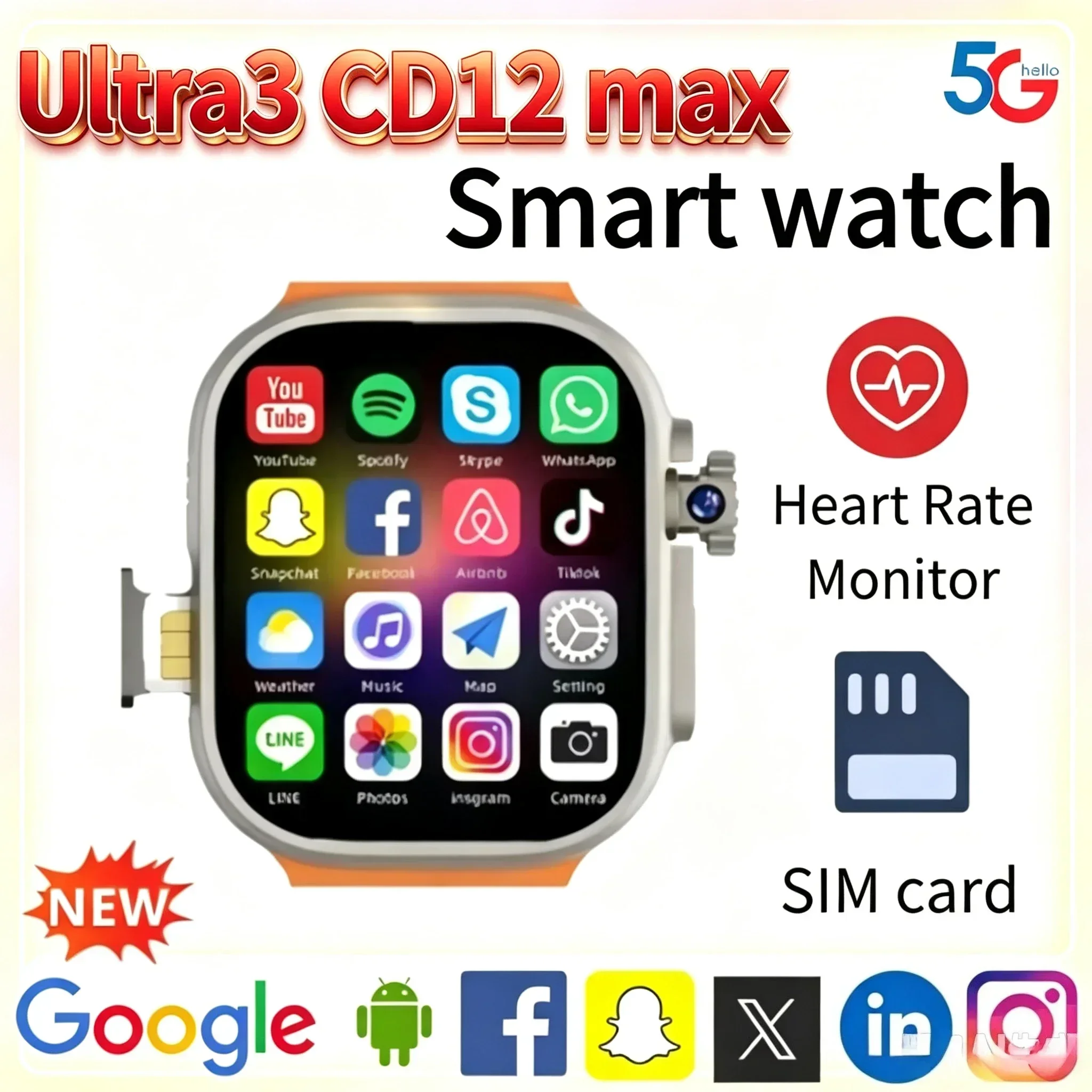 2026 Ultra3 CD12 Max Smartwatch, 5G SIM Card, Rotating Camera, Android 9.0, WiFi GPS Bluetooth, Global Version Google Play