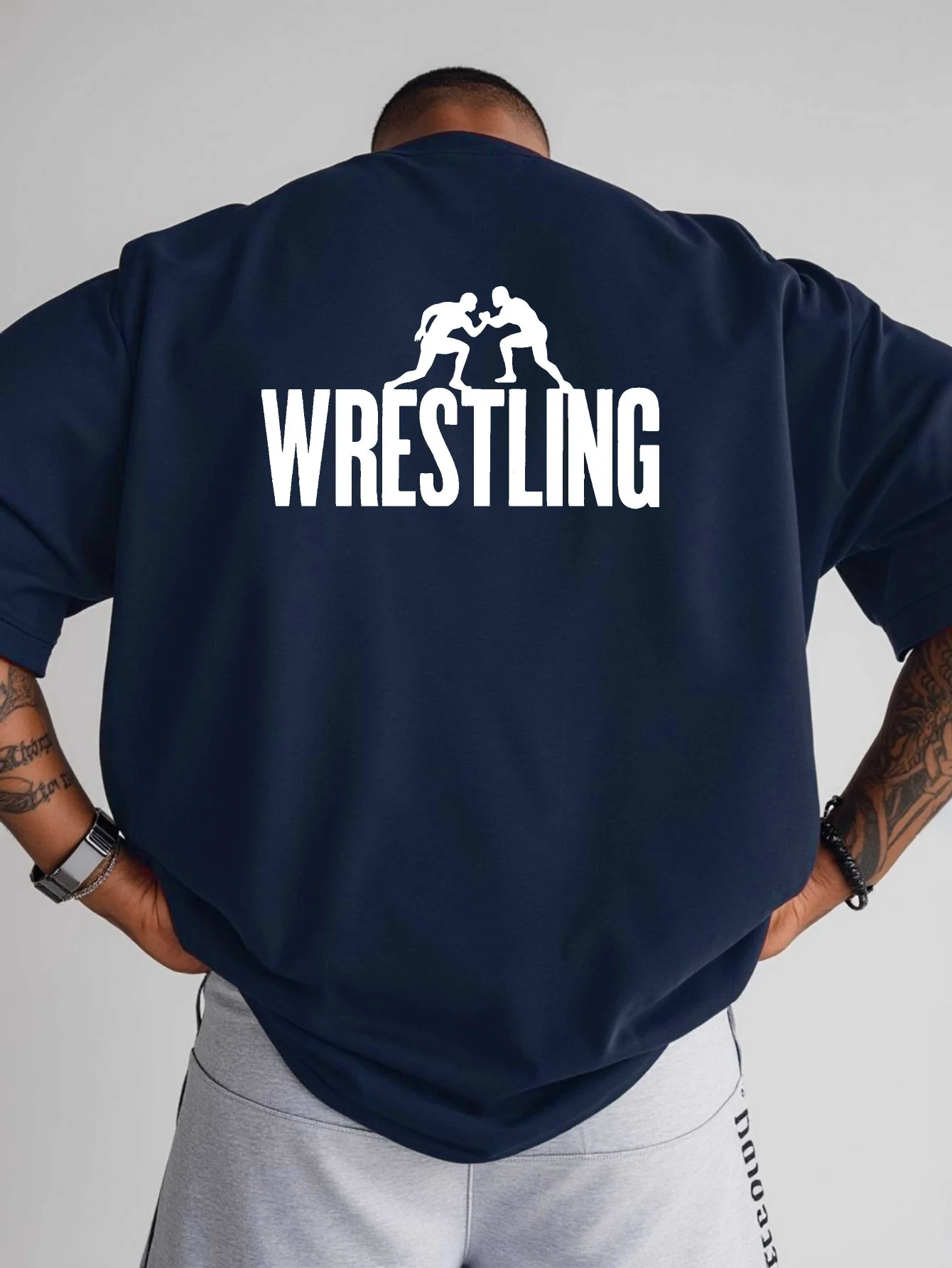 Wrestling Silhouette Dark Text Short Sleeve T-Shirt | American-style fashion quick-dry printed base tee, oversized and loose