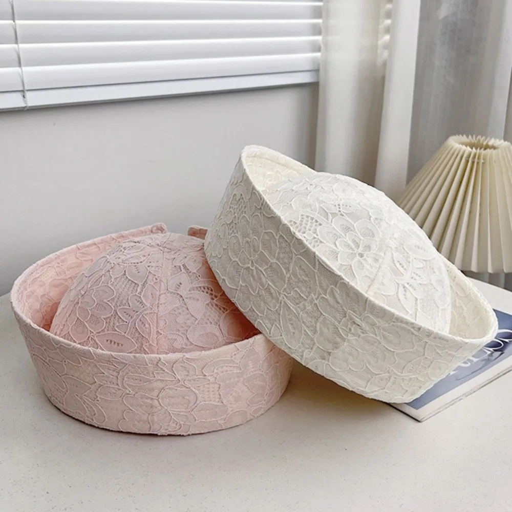 New Solid Color Lace Sailor Hat Breathable Cotton Beret Cap Cuffed Brim Adjustable Hollow Out Beret Harajuku Style
