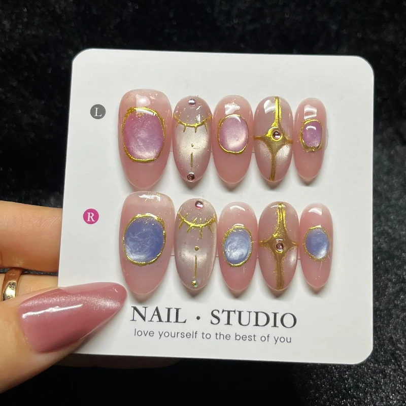 

10PCS Glitter Pink Cat Eye Medium Oval Handmade Press on Nails Blue Crystal Golden Patterns with Diamonds French Fake Nails Tips