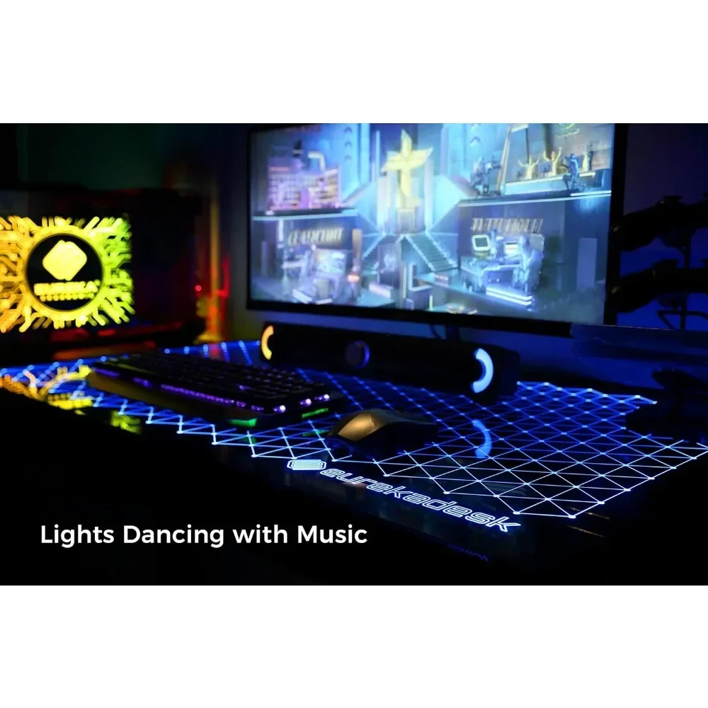 RGB LED Gaming Desk, Music Sync Lights Up Tempered Glass Desktop, 43