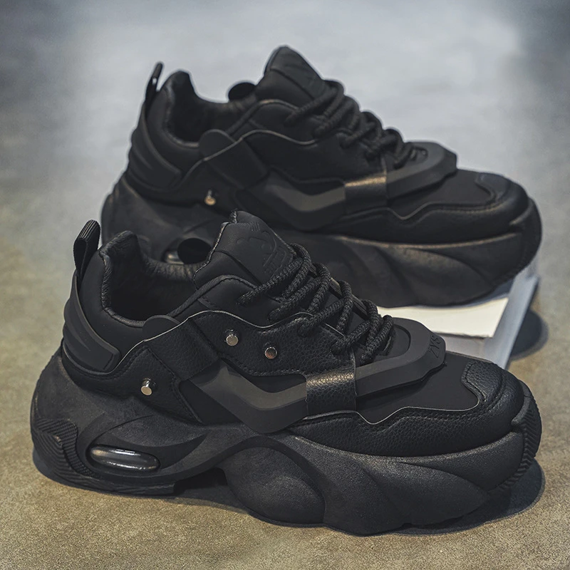 Men 2026 All Black Functional Dad Shoes Leather Spliced Rivet Air Cushion Platform Height Increasing Sneakers Retro Street Trend