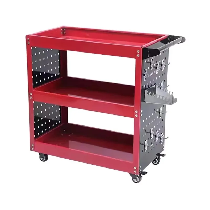 3 Layer Tool Cart With Backboard And Hooks For Car Maintenance Garage Workshop Mobile Storage Trolley